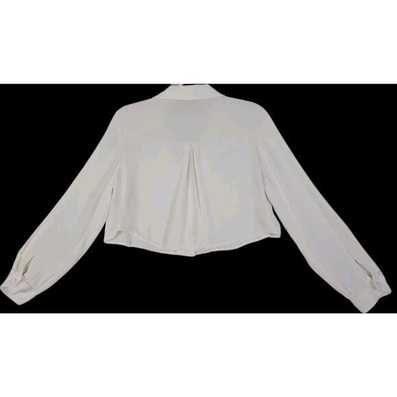 ZARA~Woman Sz. M~White Sutin Effect Cropped Button-Down Silky Shirt Long Sleeve - Picture 3 of 11